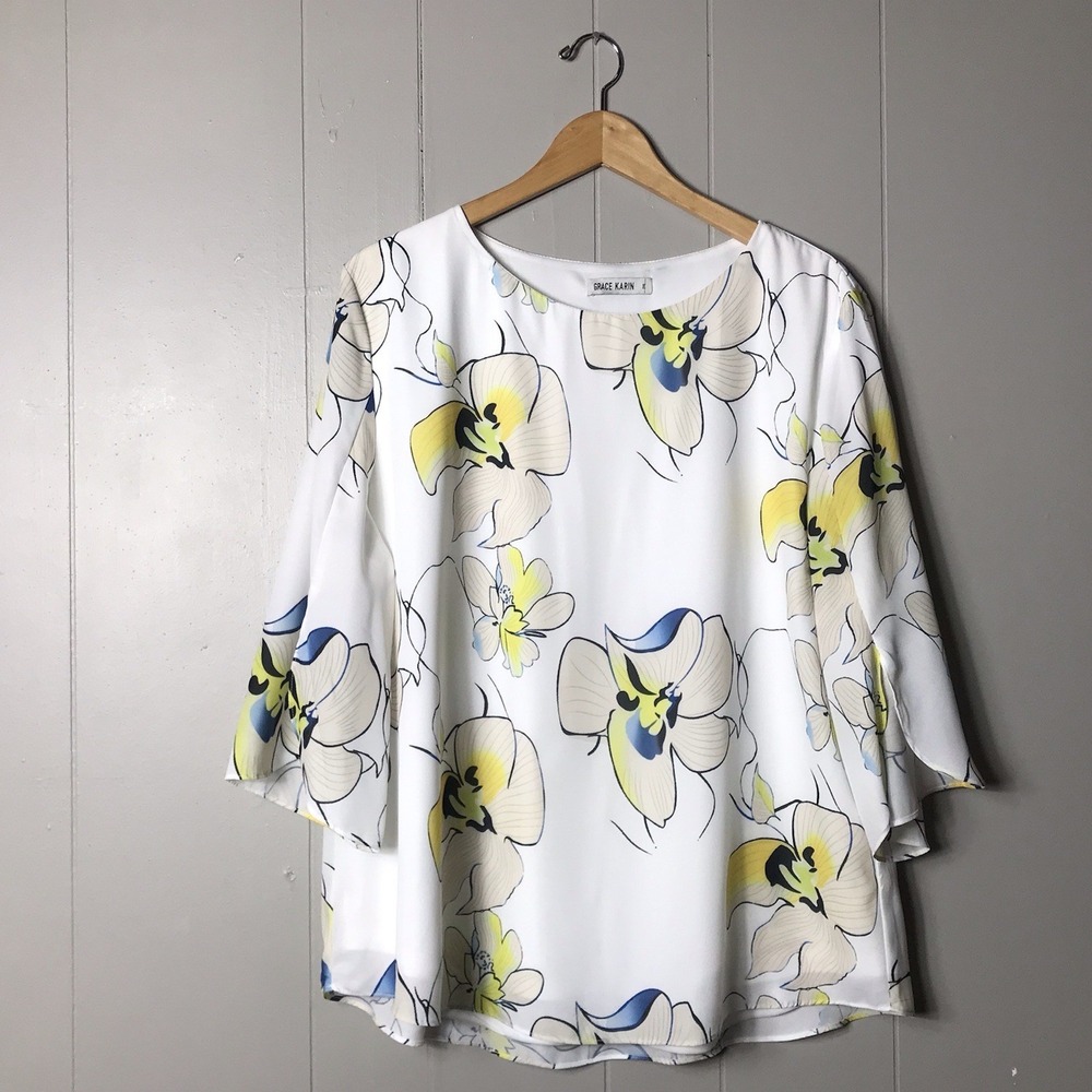 GRACE KARIN WHITE BOLD HIBISCUS PRINT LINED BLOUSE SPLIT SLEEVE WOMENS SIZE 2XL